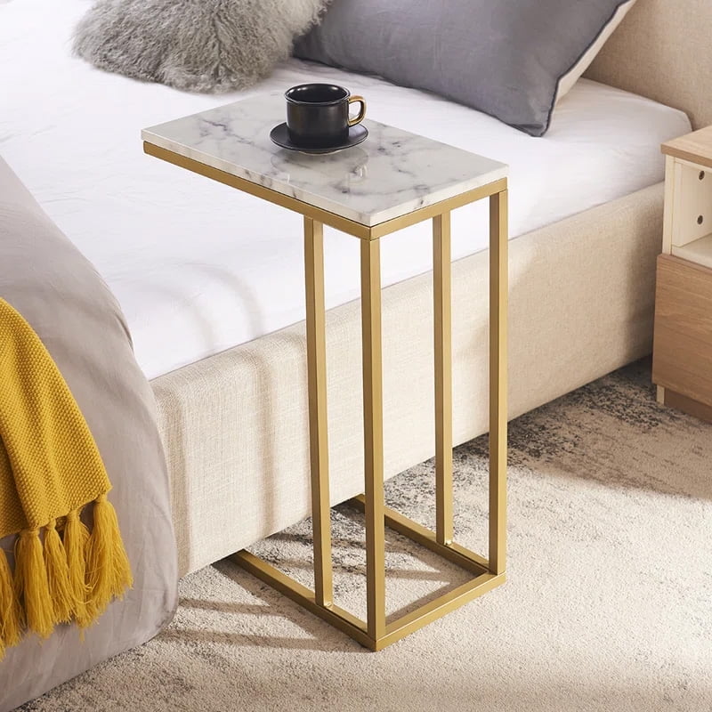 Abble Marble Top C-Table Accent Side End Table with Gold Metal Base