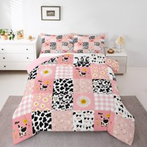 jejeloiu Milk Cow Pattern Bedding Comforter Set,Western Cowgirls Theme Twin Comforter Sets,Pink Patchwork Geometric Chekcered Bedding Set For Girls Kids,Microfiber Bedroom Decor Reversible,2 Pieces