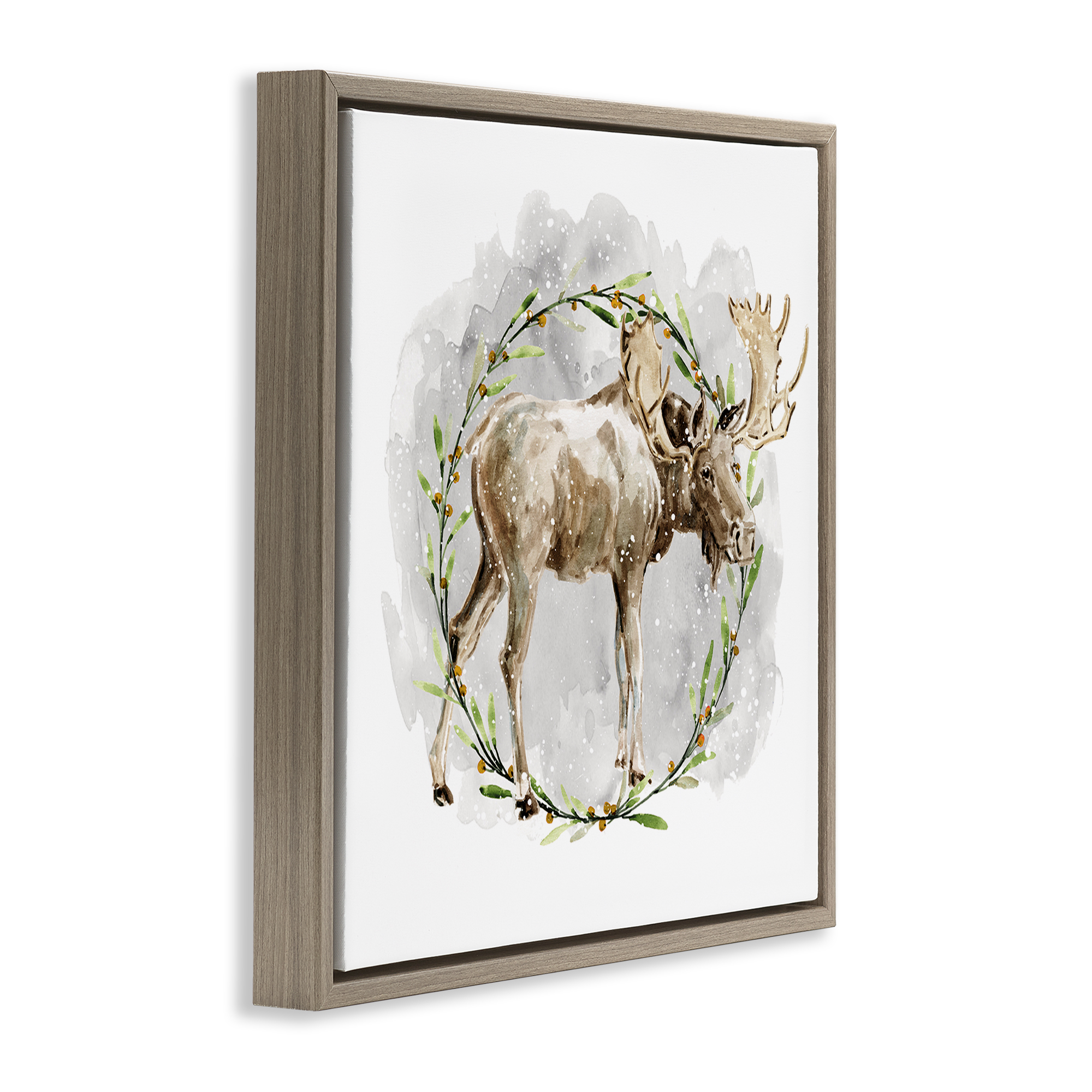 Stupell Industries Rustic Moose with Wreath Animals & Insects Painting Brown Floater Framed Canvas Art Prints Wall Art, 18 x 18