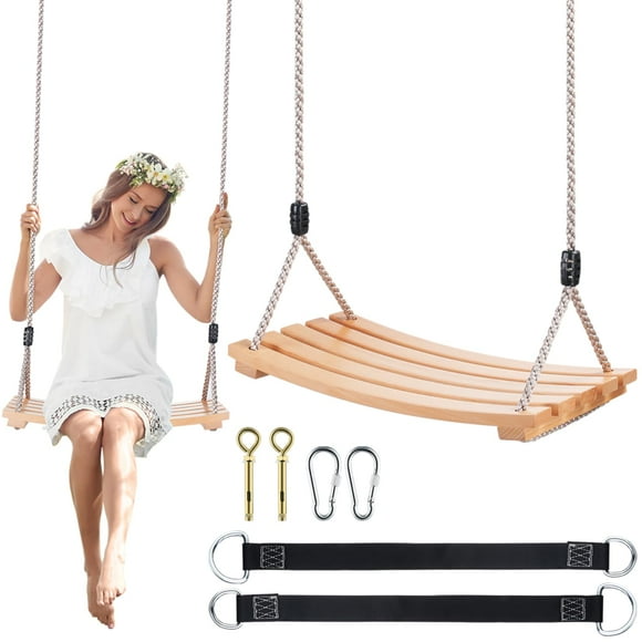 Balançoire en Bois, Balançoire en Bois pour Adultes/enfants avec Capacité de Charge de 500lbs, Corde de Chanvre Réglable Plus Sangles d'Arbre 100 Pouces, Balançoire Suspendue en Bois pour Intérieur, Extérieur, Jardin, Arrière-Cour (Bois Courbé)