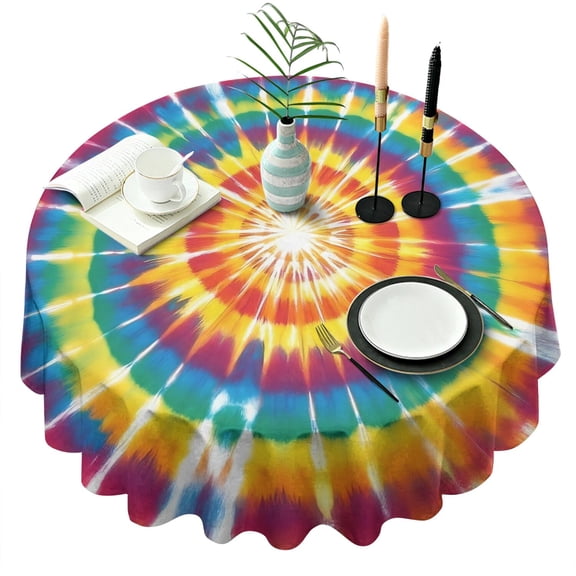 Tie Dye Color Burst Pattern Round Tablecloth 60"x60",Wrinkle Wipeable Table Cloth for Kitchen Dining Room Picnic Patio Party