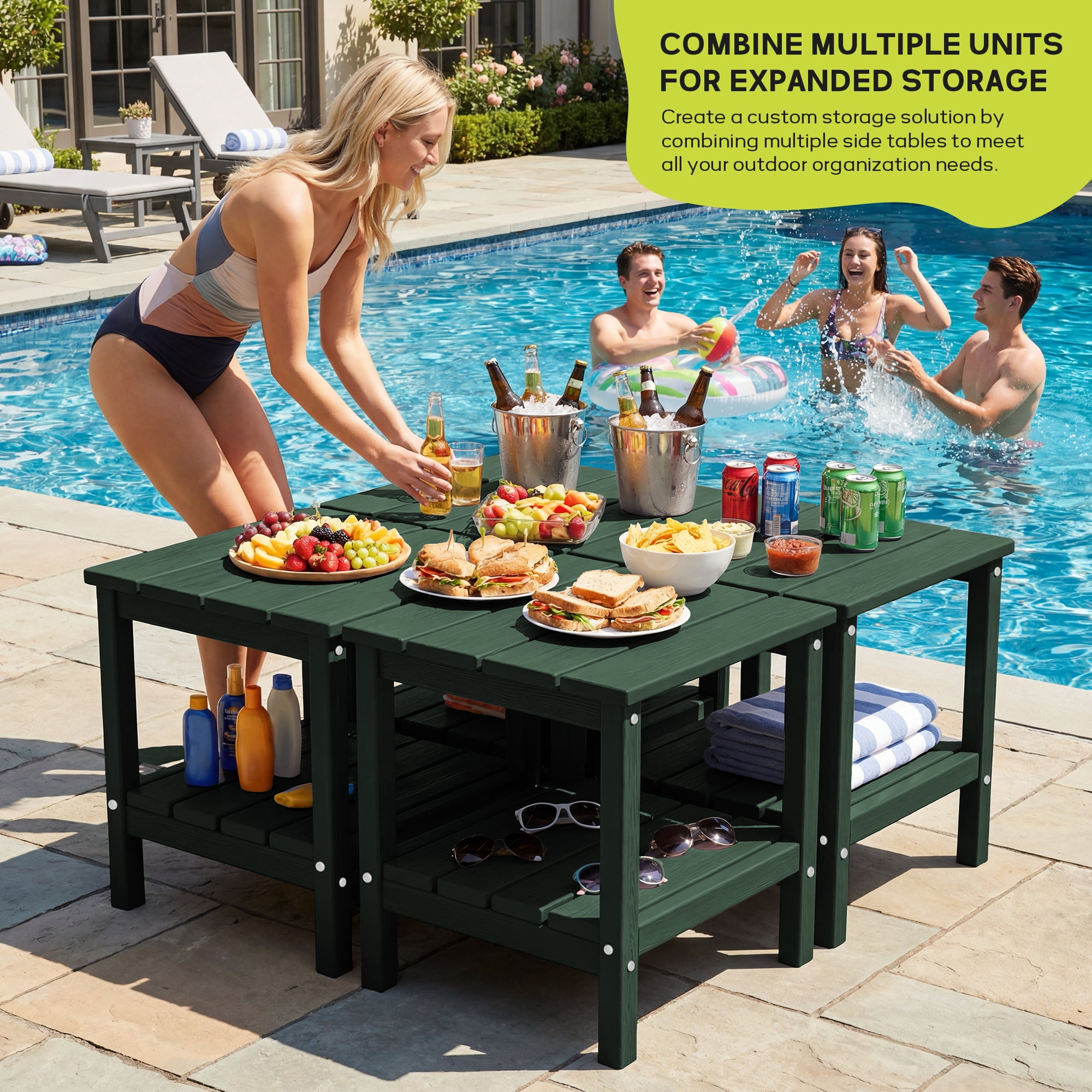 FUNDAZE HDPE 2-Layer End Table for Living Room, Outdoor Side Table, Patio Small End Table, Dark Green
