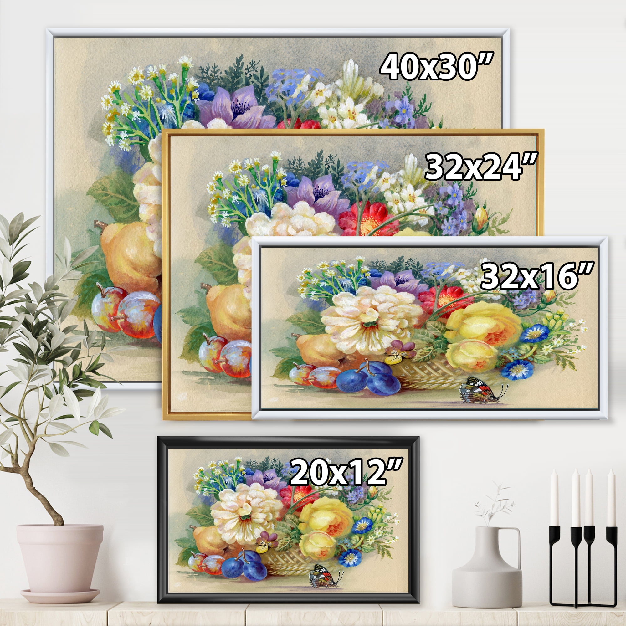 Designart 'Vintage Still Life Of White and Yellow Flowers' Traditional Framed Canvas Wall Art Print