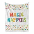 thumbnail image 1 of Wording Soft Flannel Fleece Throw Blanket, Inspirational Words Magic Happens Ornamented with Doodle Flags and Hearts, Cozy Plush for Indoor and Outdoor Use, 70" x 90", Multicolor, by Ambesonne, 1 of 6