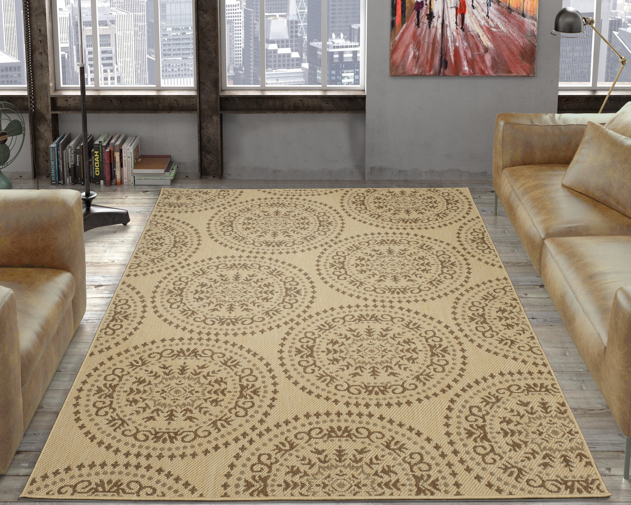 Ottomanson Landscape Medallion Design 5x7 Non Shedding Indoor/Outdoor Area Rug, 5'3" x 6'11", Beige