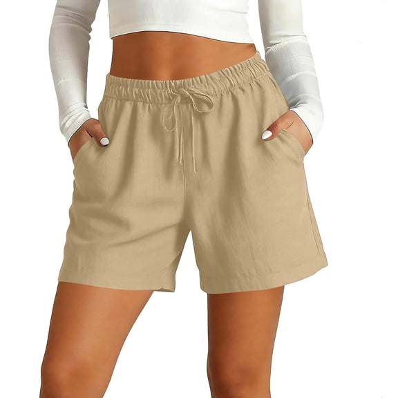 hoksml Women's Cotton Linen Drawstring Shorts, Elastic Waist Casual Summer Shorts with Pockets