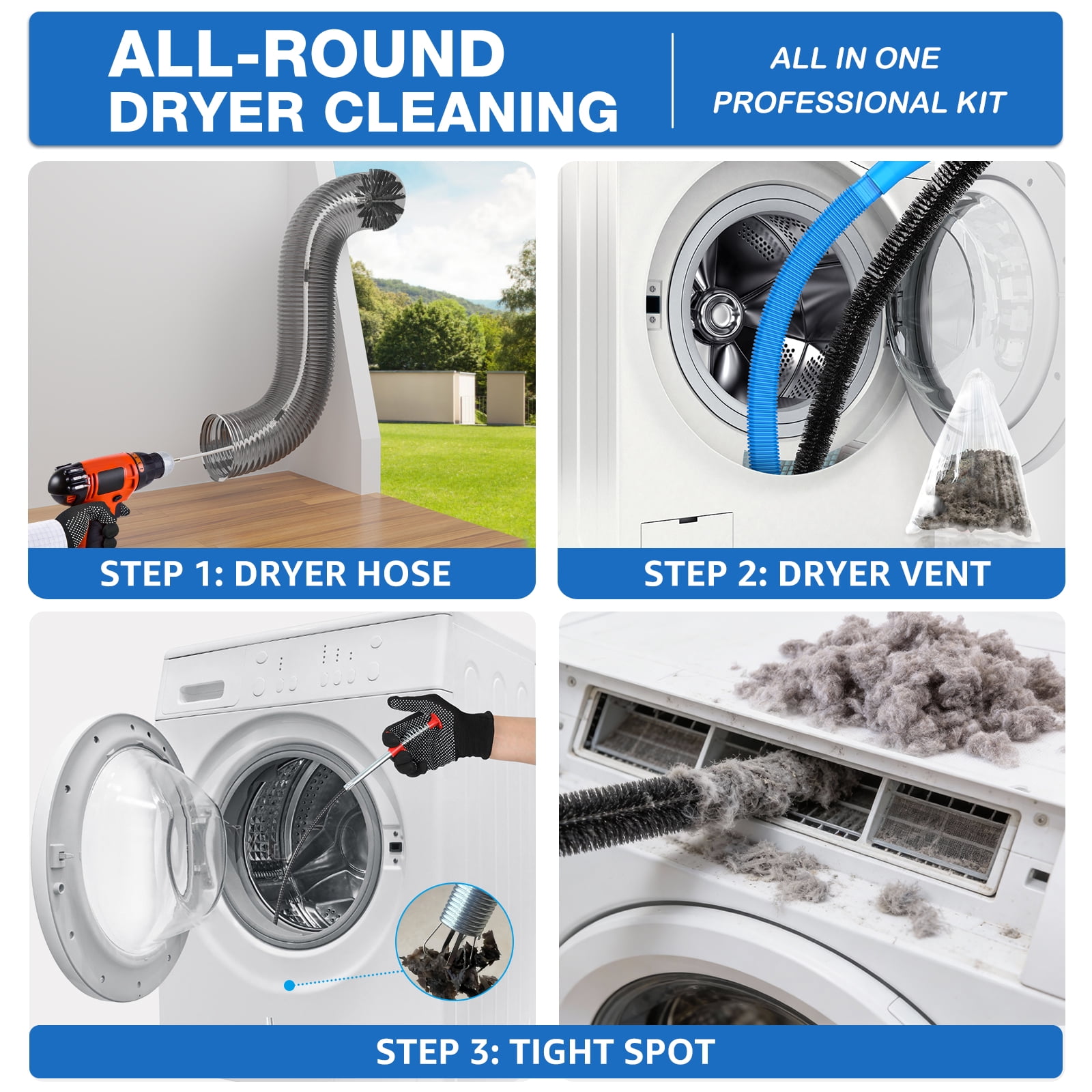 DRYVENCK 30-FT Dryer Vent Cleaner Kit, Dryer Cleaning Tools, Omnidirectional Dryer Lint Vacuum Attachment, Dryer Vent Brush, Universal Vacuum & Dryer Adapters (Blue)