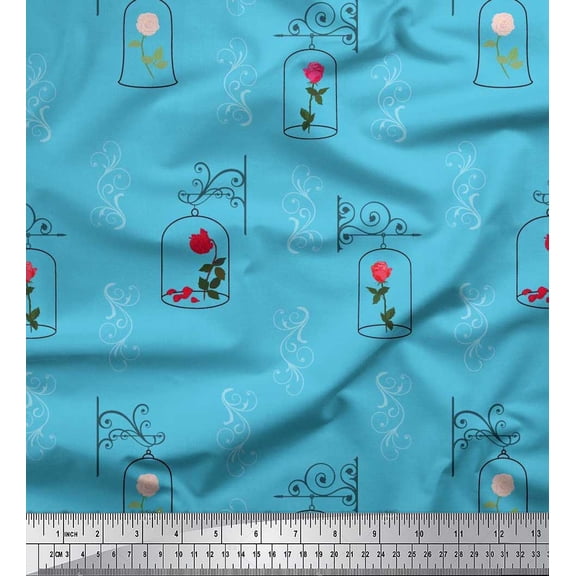 Soimoi Cotton Duck Fabric Swirl,Bird Cage & Rose Floral Printed Craft Fabric by the Yard 42 Inch Wide