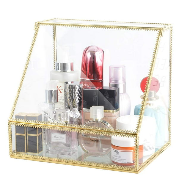 InnSweet Makeup Organizer Glass, Large Cosmetic Display Cases with Slanted Front Open Lid