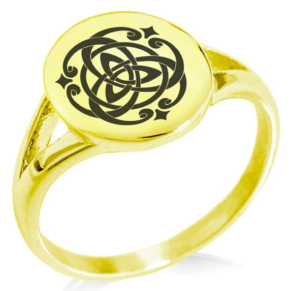 Stainless Steel Celtic Triquetra Heart Knot Minimalist Oval Top Polished Statement Signet Ring