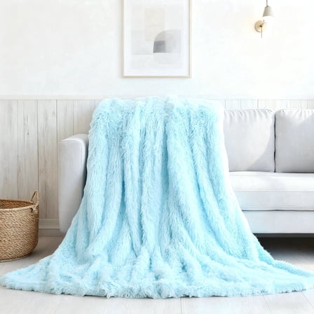 Luxury Light Blue Faux Fur Throw Blanket - Fluffy Plush Shaggy Long Pile Cozy Lightweight Decorative Couch & Bed Cover for Living Room