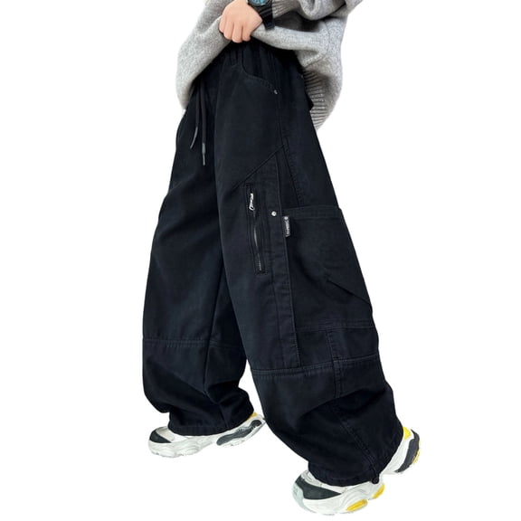 LIIPEE Boys Cargo Pants Kids Casual Solid Color Drawstring Waist Baggy Wide Leg Trousers With Pockets Comfortable Breathable Fashion Versatile Bottoms,15-16 Years