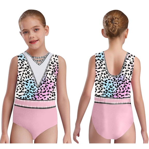 iiniim Kids Girls Patchwork Printed Dance Leotard Figure Skating Performance Costume Shiny Rhinestone Bodysuit Leopard 16