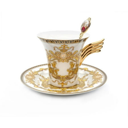 - Royalty Porcelain 3-pc White Tea Set, Service for 1, Medusa Greek Key, 24K Gold
