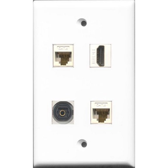 RiteAV 1 Port HDMI and 1 Port Toslink 2 Port Cat6 Ethernet White Wall Plate
