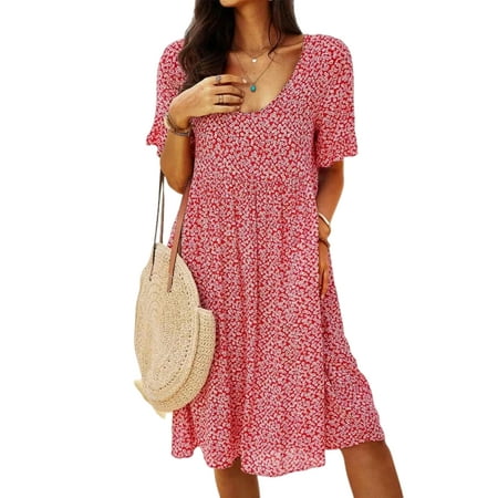 

Wrcnote Women Short Sleeve Sleepwear T-shirts Dress Nightwear Loose Nightgowns Floral Print Casual Lounge Swing Dress