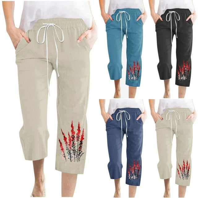 Sentmoon Womens Capris for Summer with Print Drawstring High Waist Women Linen Pants Plus Size Loose Fit Stylish Trousers with Pocket Beach Essentials for Family for Working Out and Gym