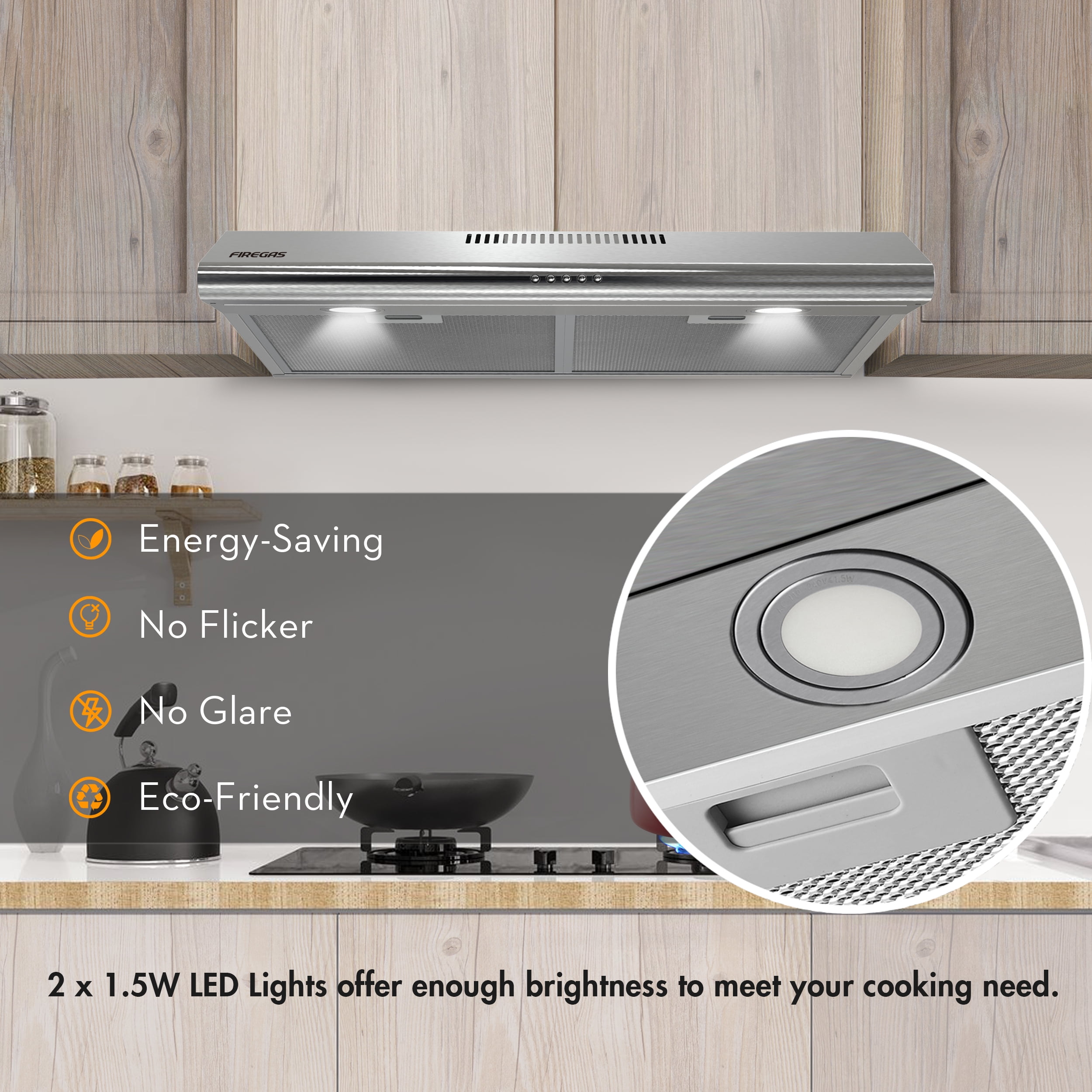 FIREGAS Under Cabinet Range Hood 30 inch with Brushless DC Motor, LED Light, 3 Speed Exhaust Fan, Reusable Aluminum Filters, Push Butto