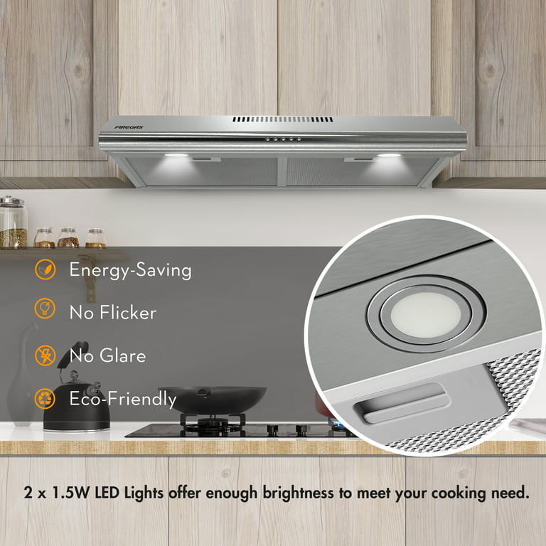 FIREGAS 30 inch Under Cabinet Range Hood with Ducted / Ductless Convertible Slim Kitchen Over Stove Vent, 3 Speed Exhaust Fan, Reusable Filter, LED