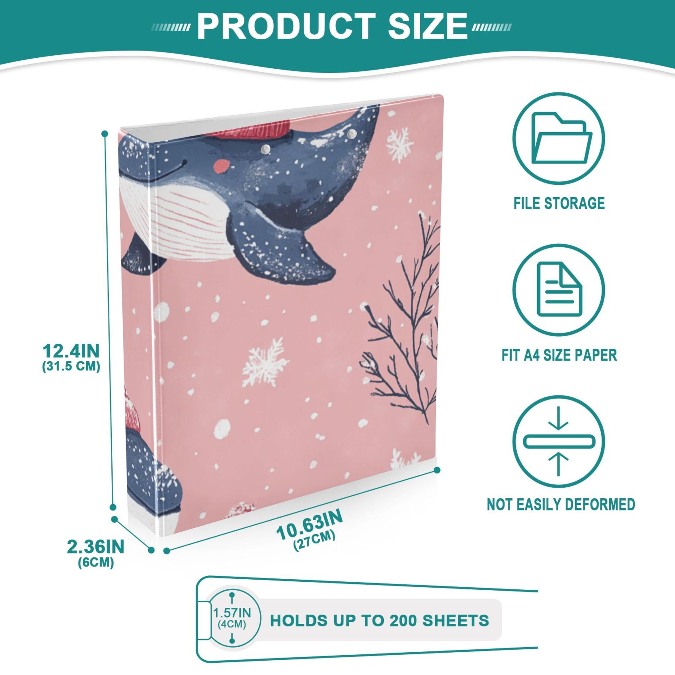 Whales and Snow 3 Ring Binders 1.5 inch Hardcover File Folders with Interior Pockets A4 Size Organizer for School Office Hospital