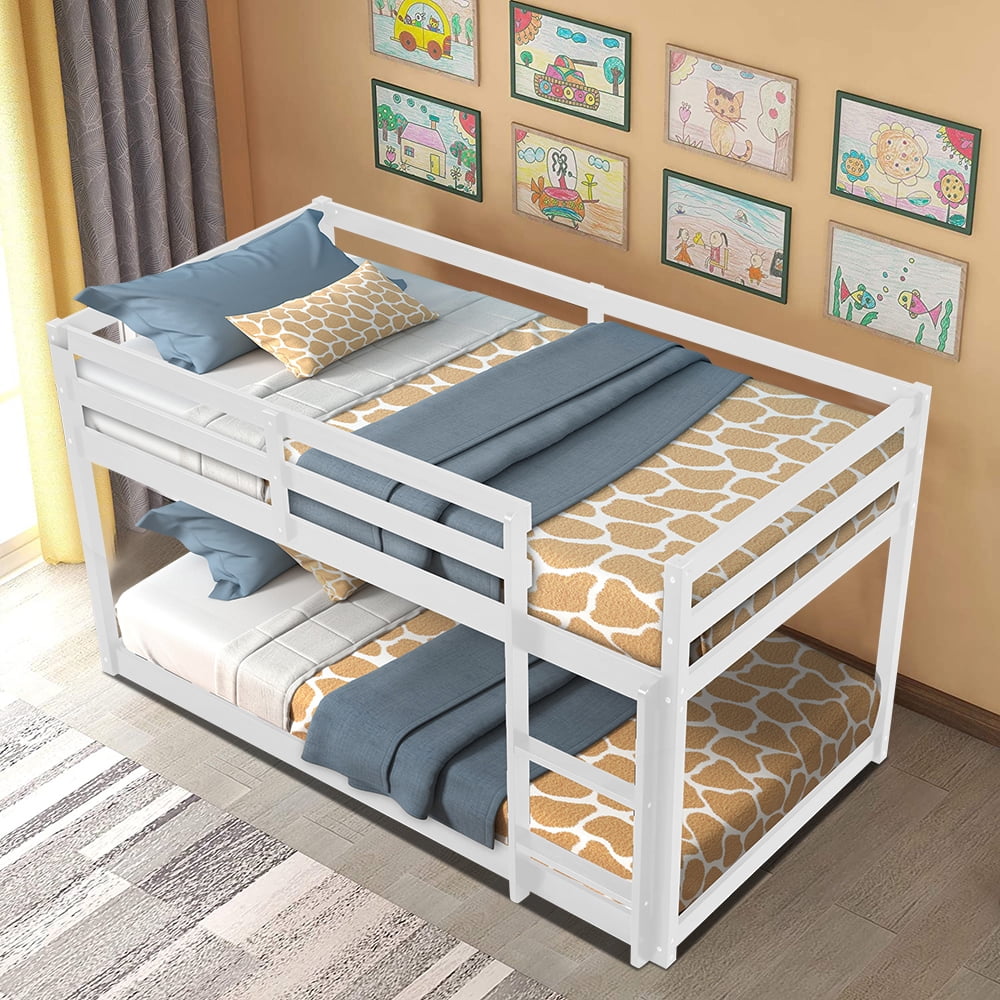 Solid Wood Low Bunk Bed for Kids, Twin Over Twin Floor Bunk Bed with