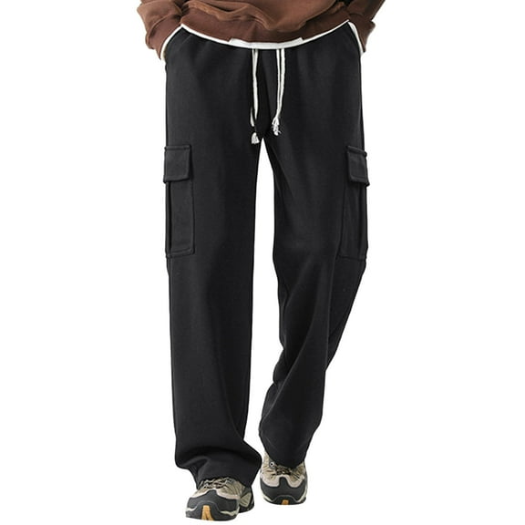 Mens Casual Fashion Solid Color Drawstring Wasit Trousers Sweatpants Multi Pocket Pants Streetwear Classic Loose Fit Male Joggers
