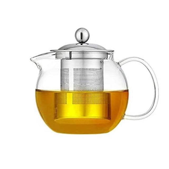 Tetera con colador y tapa de acero inoxidable, tetera de vidrio de borosilicato apta para estufas, hojas florecientes y sueltas, jarra redonda de vidrio (950 ml) Adepaton LL-2076-1