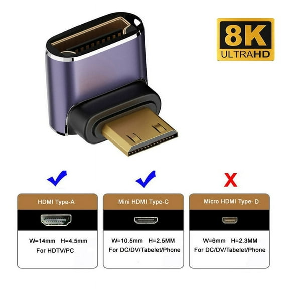 FVH Down Angled Mini HDMI Male to HDMI 2.1 Female UHD Extension Gold Converter Adapter Support 8K 60hz HDTV