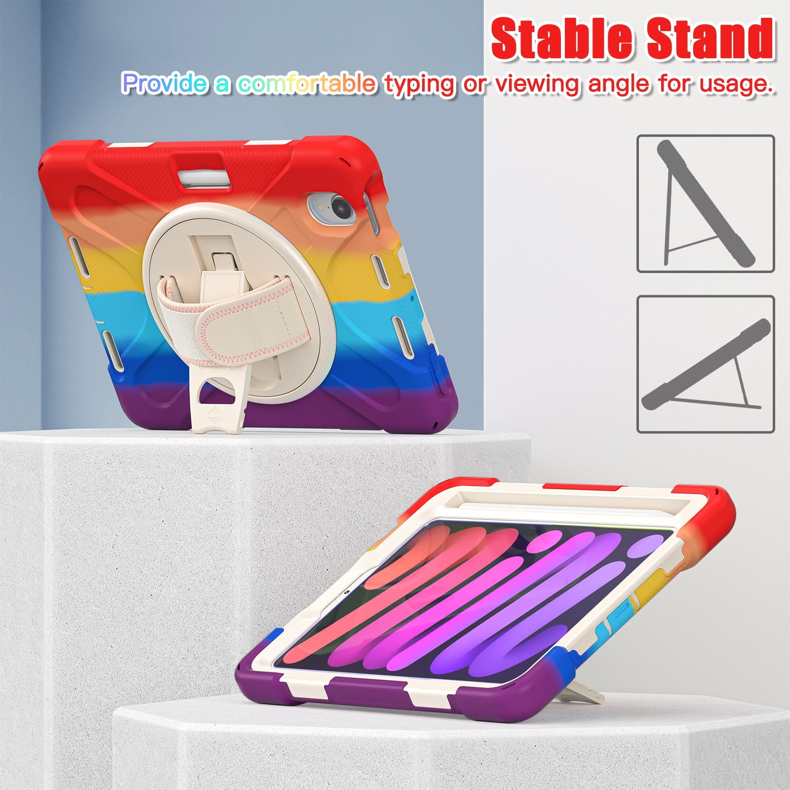 Rugged Case for 2021 Apple iPad Mini 8.3-Inch (6th Generation 2021 Release) - Rotating Stand Case with Hand Strap /Adjustable Shoulder Strap /Pencil Holder, Shockproof Protective Cover (Rainbow Red)