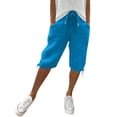 thumbnail image 2 of Bermuda Shorts for Women Length Drawstring Elastic Waist Linen Shorts Casual Summer Pedal Pushers with Pockets,Dark Blue M, 2 of 8