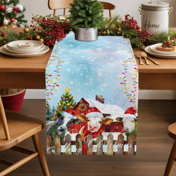 Winter Farmhouse Cow Table Runner 13x90in Non-Slip Cotton Linen Table Runners, Christmas Animal Snowflake Dresser Scarves TableRunner for Dinner Kitchen Dining Wedding Party