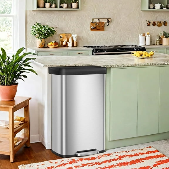 LEDREM 21 Gal Kitchen Step Trash Can , Soft-Close Stay-Open Lid , Wide Pedal , Odor-Control Filter , Space-Saving Design , Stainless Steel ,Silver and Black
