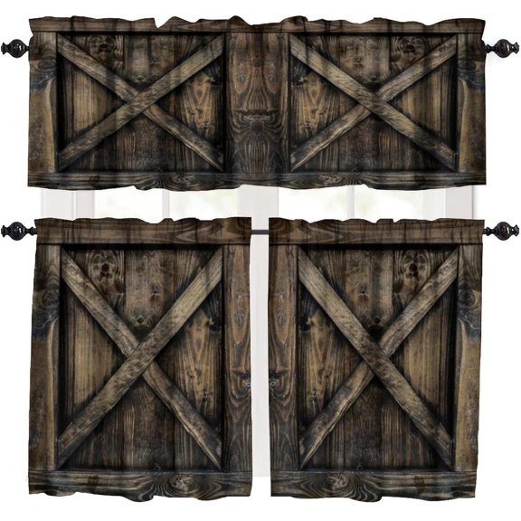 Barn Door Valance Curtain Vintage Farmhouse Rustic Wooden Moldy Old Wooden Door Rod Pocket Valance Window Treatments Short Curtains for Kitchen Living Room Decor 54x18 Inch 27x24 Inch X 2