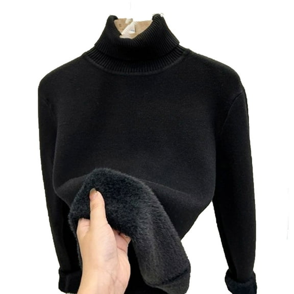 SELONE Thermal Underwear for Women Knitted Fleece Undershirt Turtleneck Long Sleeve Pullover Soild Tight Tops Black