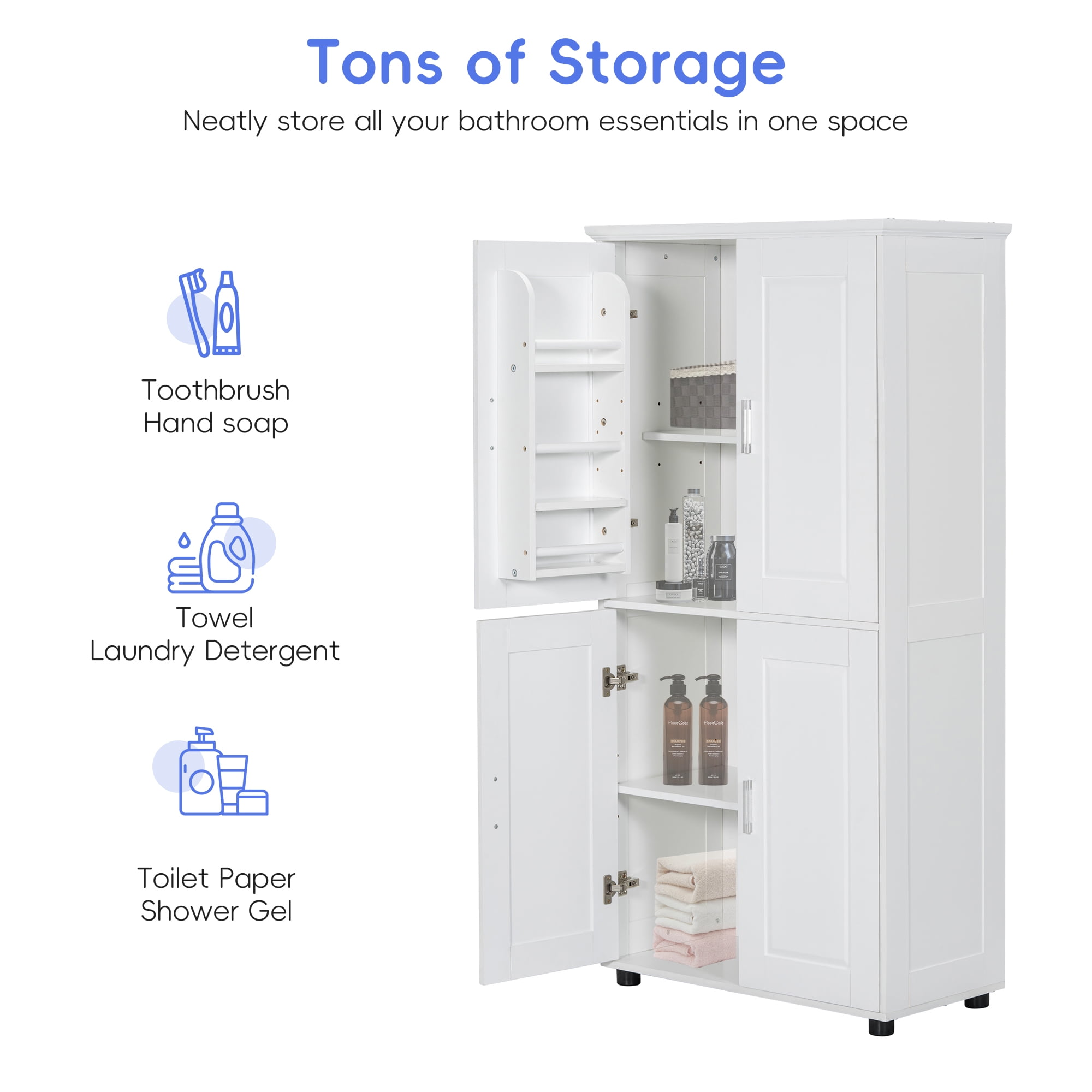 UBesGoo Bathroom Storage Cabinets 4 Doors with Hidden Storage Drawers for Bathroom, Living Room, White