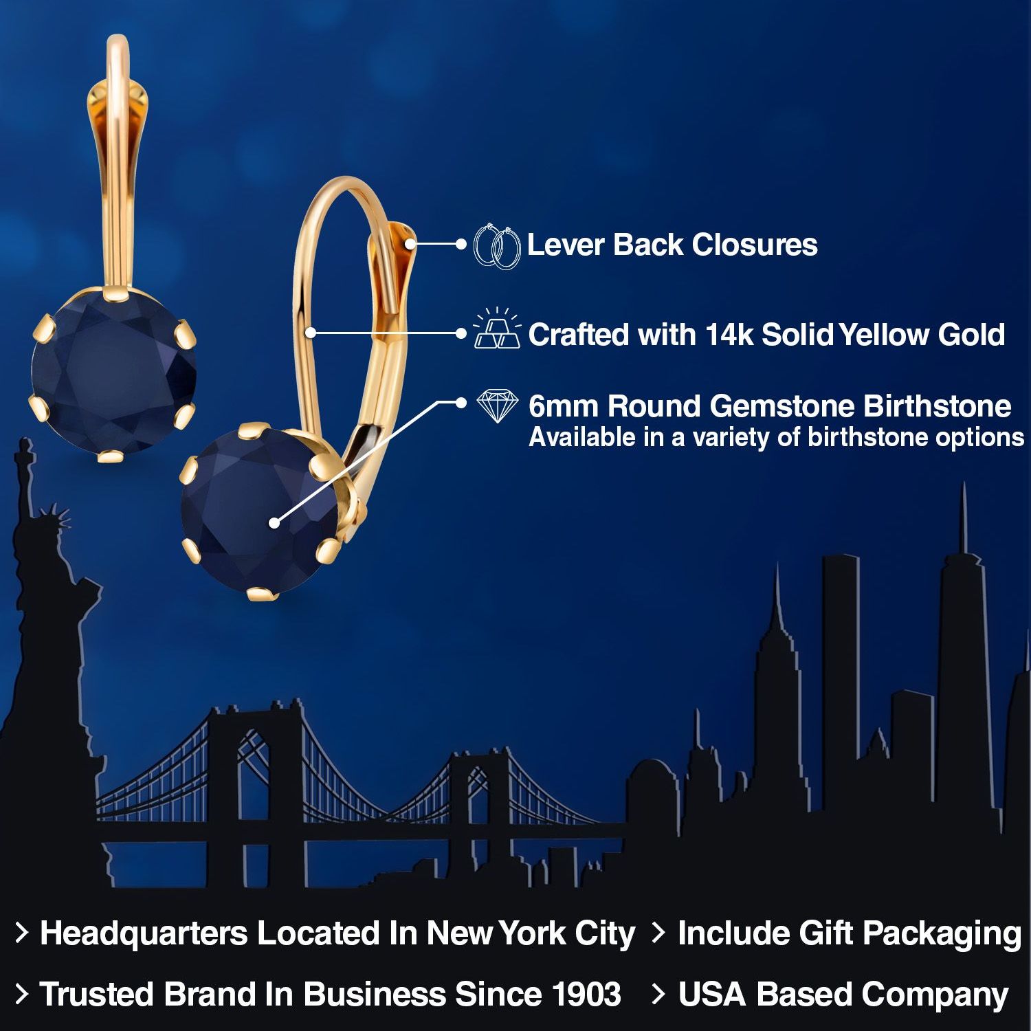 Gem Stone King 14K Yellow Gold 6MM Round Birthstone Gemstone Leverback Dangle Earrings for Women