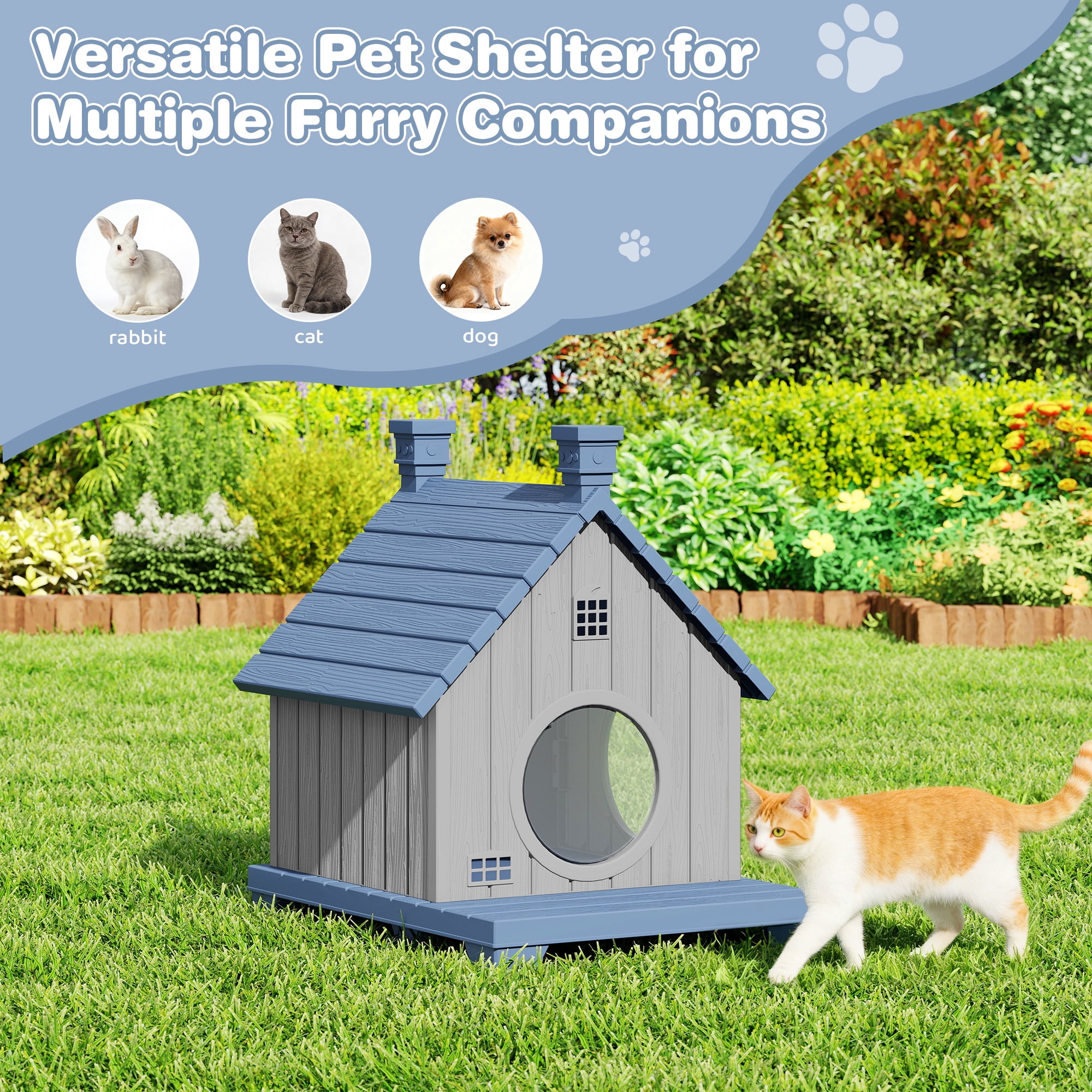 Bifanuo Outdoor Cat House,Weatherproof Resin Cat House, Villa-Style Outdoor Cat Shelter,Assemble Easily for Home & Yard,Blue