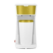 Holstein Housewares Personal Single Serve Coffee Maker Includes 14Oz. Stainless Steel Interior Thermal Travel Mug, White and Gold