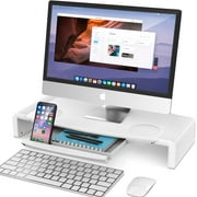 Monitor Stand Riser, AboveTEK Foldable Computer Monitor Riser, Computer Stands Desk Shelf with Storage Drawer, Phone Stand for Computer, Desktop, Laptop, Save Space (White)
