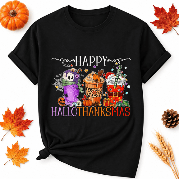 KeHetSoft Thanksgiving Hallothanksmas Drinks Cotton Graphic Unisex T-Shirt