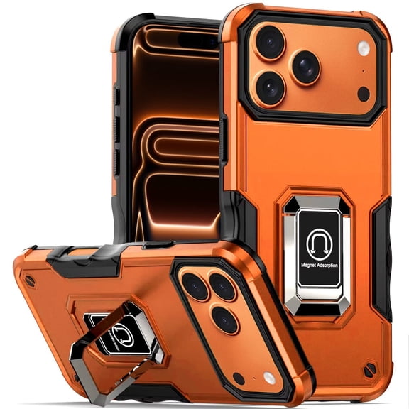 TJS for iPhone 17 Pro Max Phone Case, [Military Grade] Heavy Duty Magnetic Support Ring Kickstand Cover (Orange)