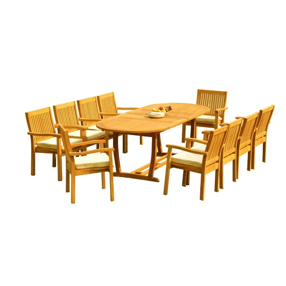 Grade-A Teak Dining Set: 10 Seater 11 Pc: 94" Mas Oval Trestle Leg Table And 10 Leveb Stacking Arm Chairs Outdoor Patio WholesaleTeak #51LV2311