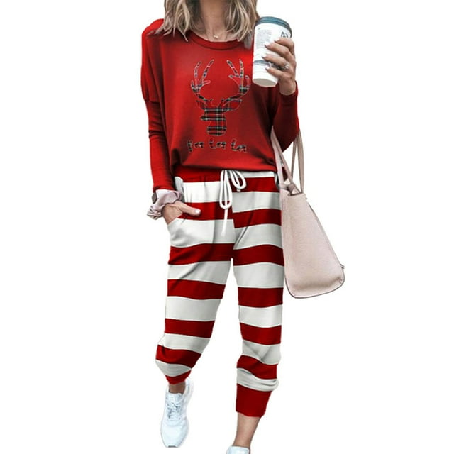 LUXUR Ensembles de Survêtements pour Femmes Col Rond Ensemble de Jogging Imprimé Élan Deux Pièces Tenue Ample Ensembles de Détente Manches Longues Rouge m