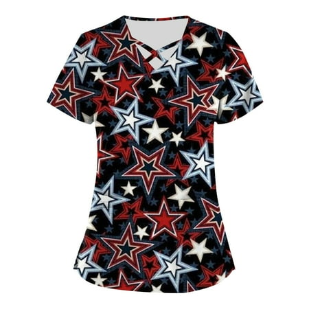 

American Flag Print Shirts Plus Size Independence Day Printed Scrub Working Uniform Tops For Women Cross V-Neck Short Sleeve Fun T-Shirts Workwear Tee With Pockets Black X-Large