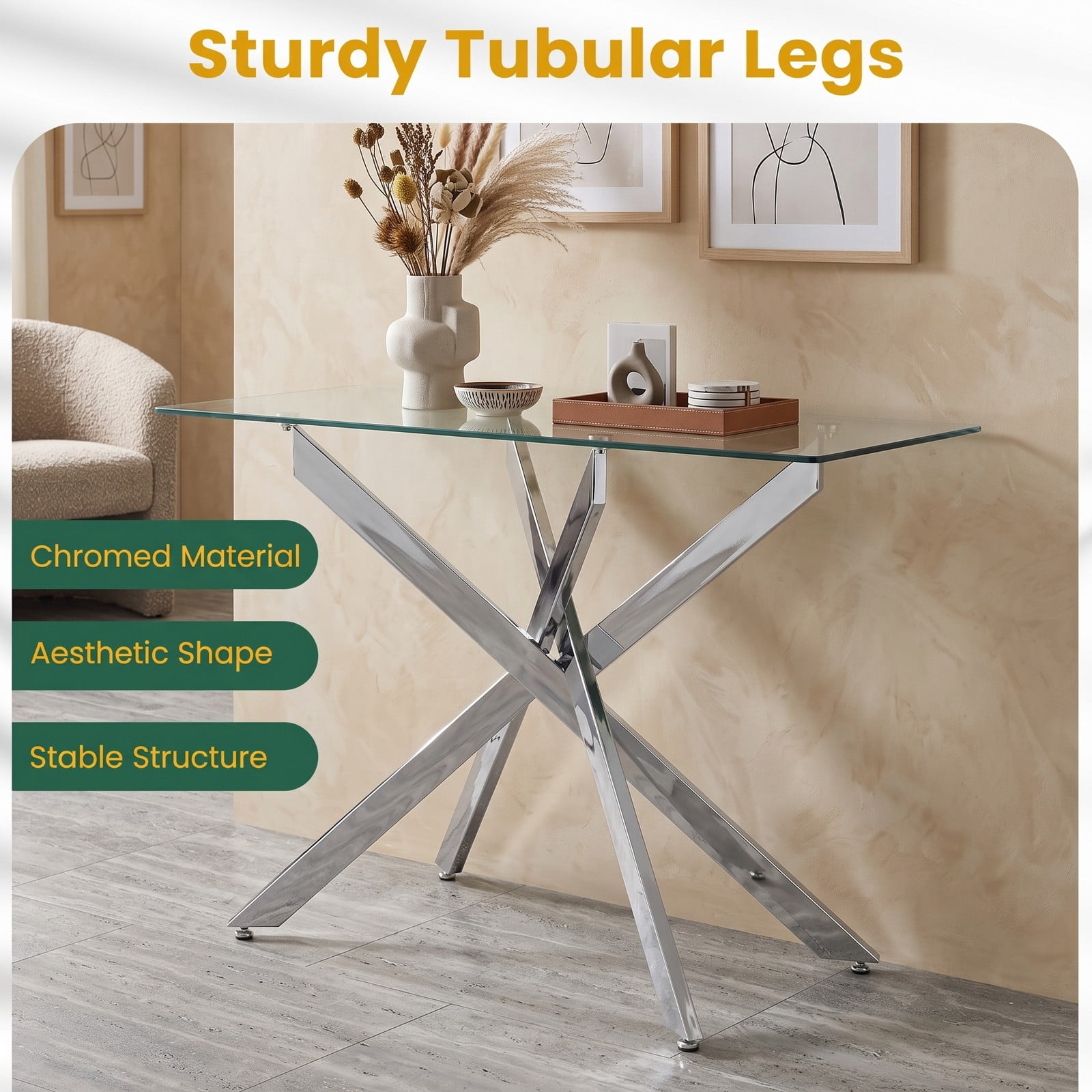 Furnibear Glass Console Table with Clear Tempered Glass Top and Chromed Metal X Legs for Entryway and Living Room, Silver