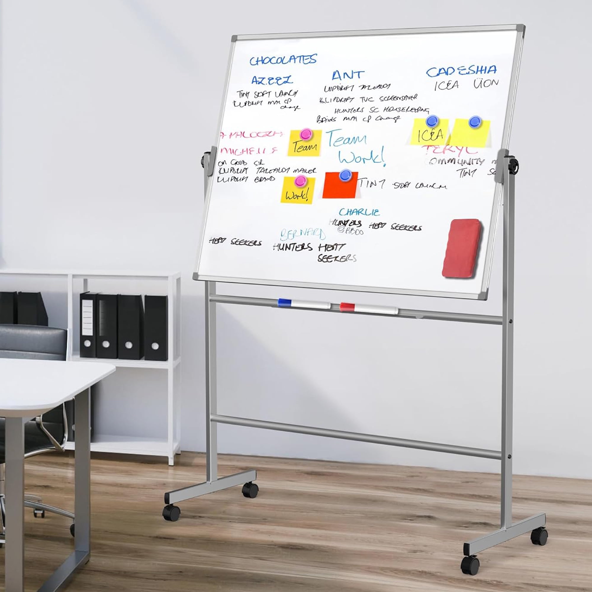 TOWON Double-Sided Mobile Whiteboard - 48"x36" Large Height Adjustable Magnetic Dry Erase Board on Wheels, 360° Rolling Office White Board Pizarra - Sliver