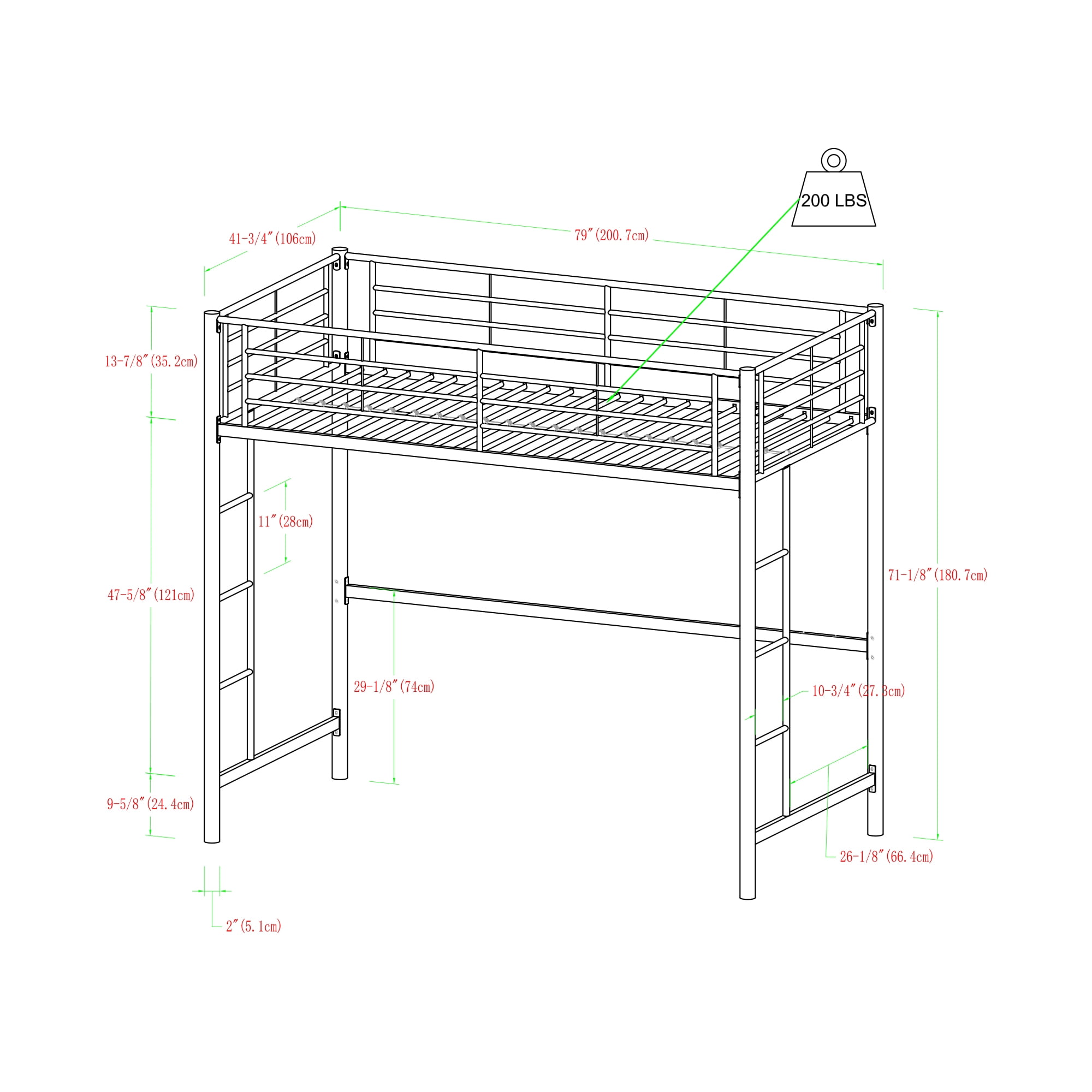 Walker Edison Premium Traditional Twin Metal Loft Bed, White