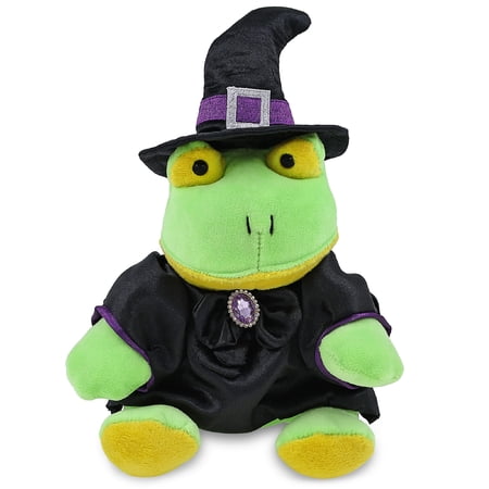 DolliBu Plush Frog Stuffed Animal with Witch Costume - Cute Farm Life Animal with Black Cloak and Witch Hat Outfit - Spooky Halloween Plush Toy for Kids - 6 Inches
