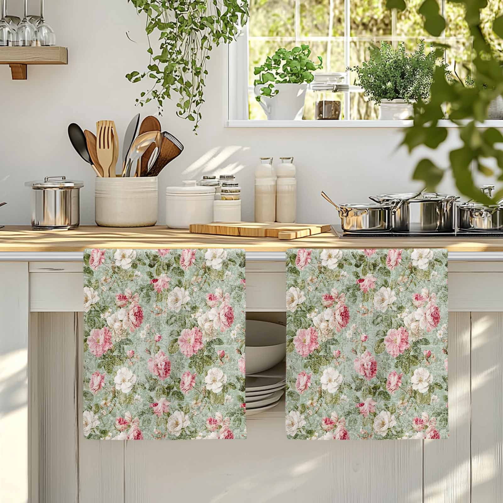 Dish Towels, Pink Bloom Flowers Absorbent Kitchen Towels 2 PCS, Retro Spring Floral Microfiber Hand Towels Dish Cloths Tea Towels for Home&nbsp;Bathroom Cleaning Drying,18X28-Inch,