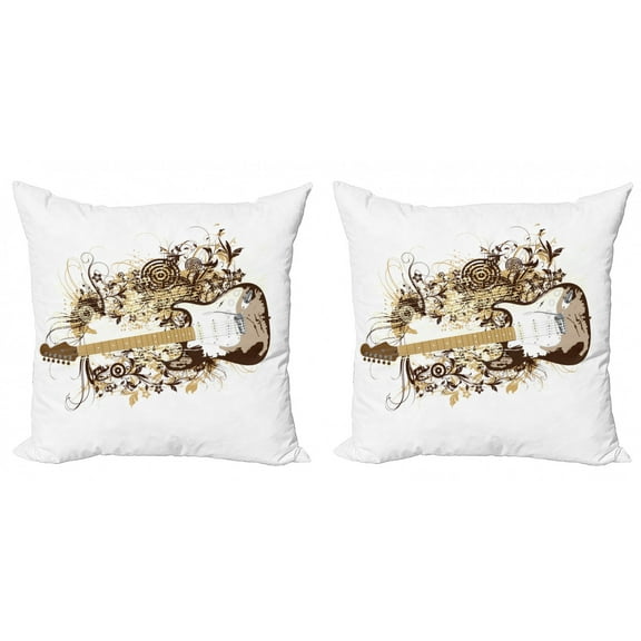 Guitar Throw Pillow Cushion Cover Pack of 2, Grungy Composition of Concentric Circles and Flourishing Leaves, Zippered Double-Side Digital Print, 4 Sizes, Chocolate Tan, by Ambesonne
